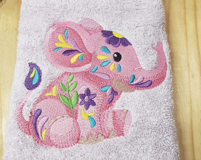 Pink elephant baby flower power hand towel set custom embroidered personalized