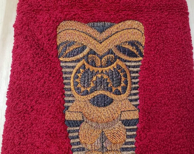 Tiki statue bath hand towel set custom embroidered