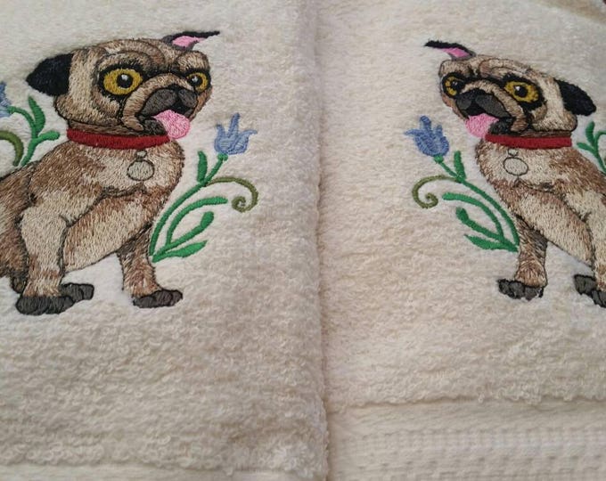 Pug dog flowers hand towel set custom embroidered personalized
