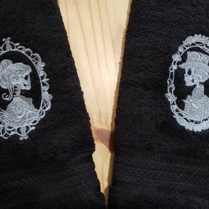 Skeleton cameo hand towel set his hers custom embroidered