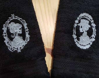 Skeleton cameo hand towel set his hers custom embroidered