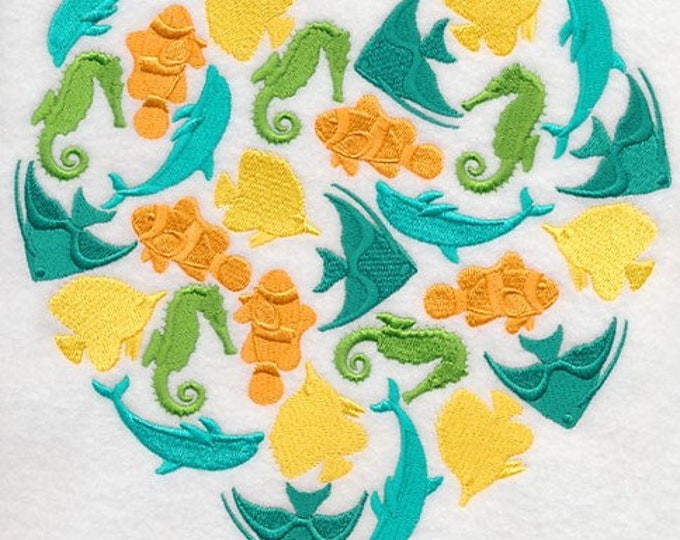 Beach sea life fish dolphin heart hand towel set custom embroidered
