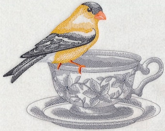 custom embroidered goldfinch bird teacup set of 2 kitchen dish towels