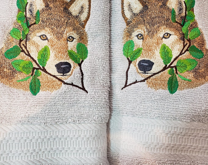 Wolf in leaves bath hand towel bathroom decor custom embroidered personalized
