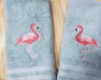 Pink Flamingo bird his hers hand towel set custom embroidered personalized