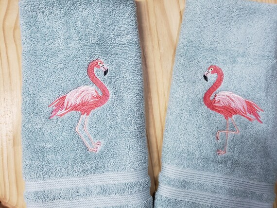 Pink Flamingo Bird His Hers Hand Towel Set Custom Embroidered Personalized Etsy