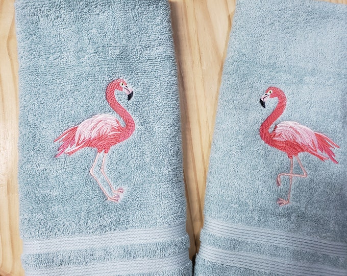 Pink Flamingo bird his hers hand towel set custom embroidered personalized