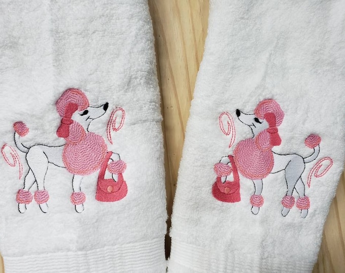 Pink Poodle Dog shopping bath hand towel set custom embroidered personalized