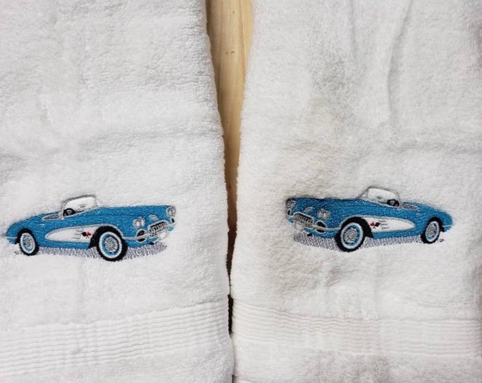 1960 Corvette Classic Car bath hand towel set custom embroidered