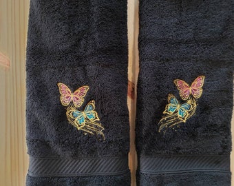 Metallic butterfly bath hand towel set custom embroidered