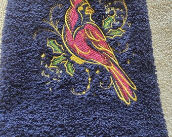 Cardinal bird Christmas Metallic Gold hand towel set custom embroidered personalized