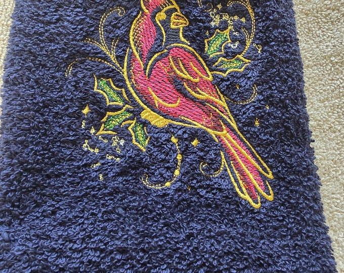 Cardinal bird Christmas Metallic Gold hand towel set custom embroidered personalized