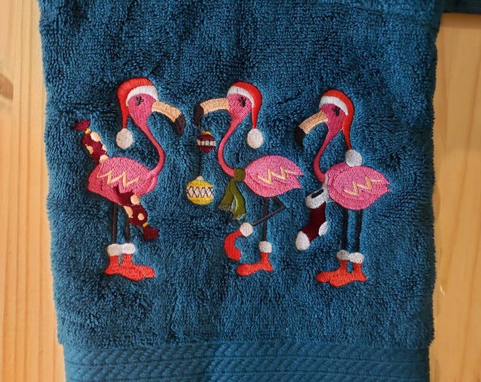 Christmas Santa Flamingo Bird  bath hand towel  custom embroidered personalized
