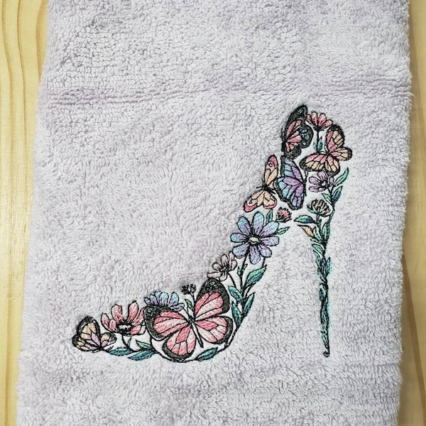 custom embroidered Butterfly high heel shoe hand towel set