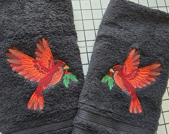 Cardinal bird Christmas tree ornament  bath hand towel custom embroidered personalized