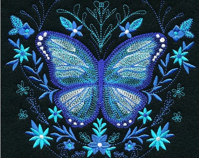 Butterfly Morpho in Botanicals bath hand towel set custom embroidered