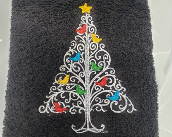 Christmas filigree tree birds bath hand towel custom embroidered personalized
