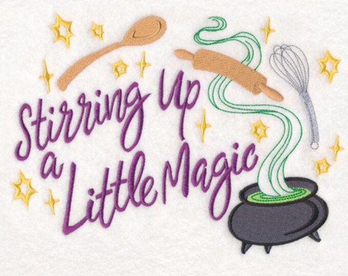 Witch Halloween stirring up magic brew kitchen dish towel custom embroidered