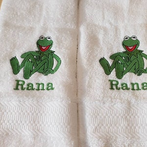 Green frog kermit inspired bath hand towel set custom embroidered personalized