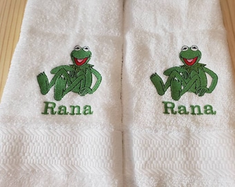 Green frog kermit inspired bath hand towel set custom embroidered personalized