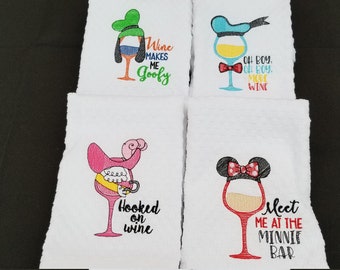 Donald Duck Goofy Captain Hook Minnie Mouse wine kitchen dish towel custom embroidered
