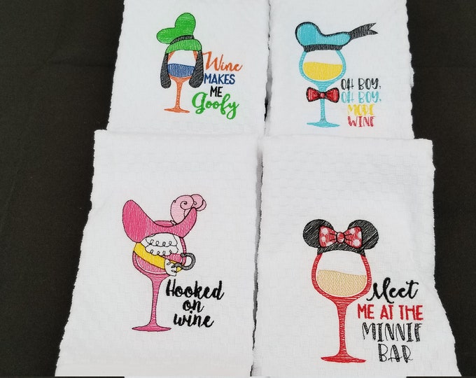 Donald Duck Goofy Captain Hook Minnie Mouse wine kitchen dish towel custom embroidered