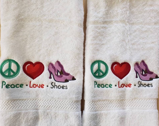 custom embroidered peace love shoes shopping set of 2 hand towels