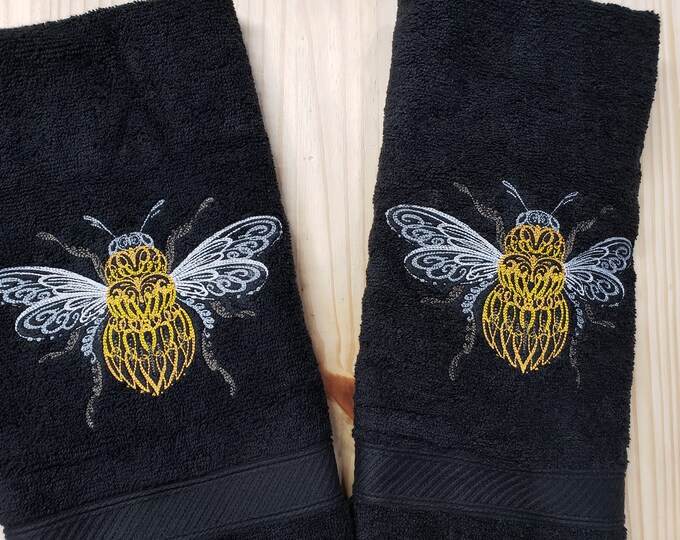 Calligraphic bee hand towel set custom embroidered personalized