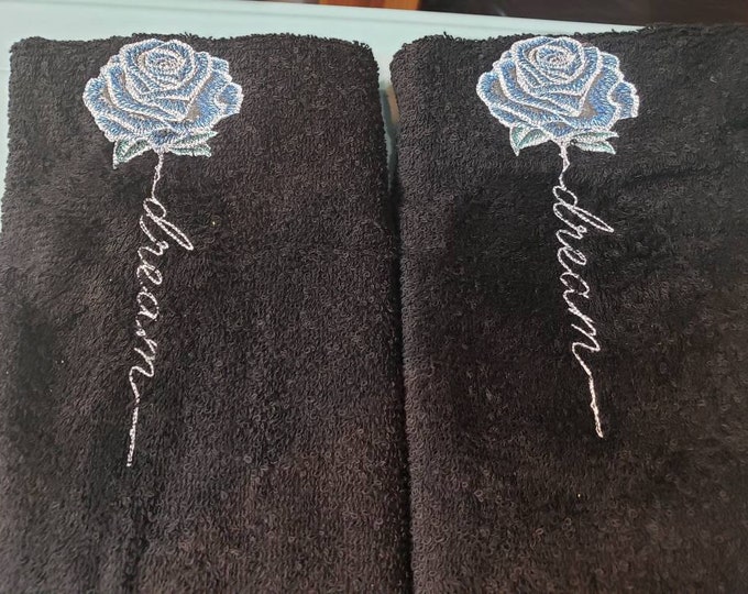 Blue rose bloom dream hand towel set custom embroidered
