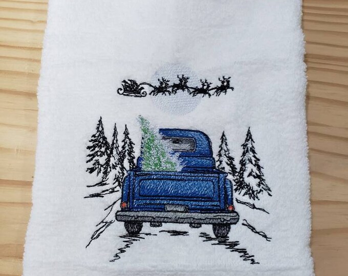Christmas tree retro truck Santa Reindeer hand towel set custom embroidered personalized