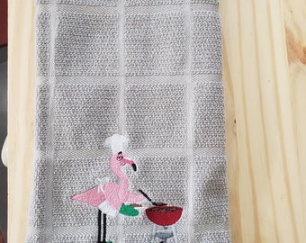 custom embroidered Pink flamingo bbq grill set of 2 kitchen dish towels