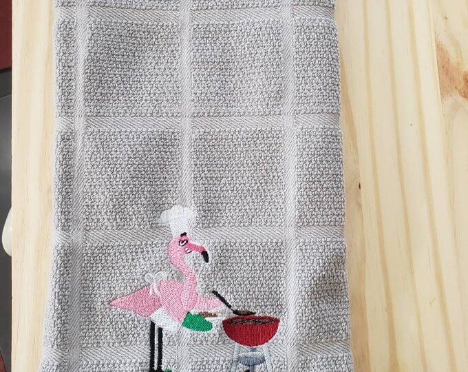custom embroidered Pink flamingo bbq grill set of 2 kitchen dish towels