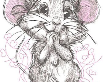Cute Mouse sketch  kitchen dish towel custom embroidered