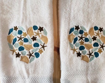Beach seashell heart hand towel set custom embroidered
