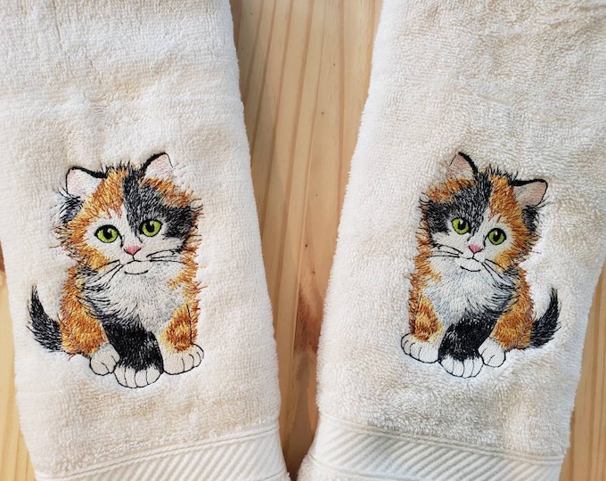 Calico kitten cat custom embroidered hand towel set