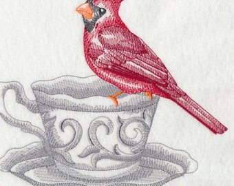 custom embroidered cardinal bird teacup set of 2 kitchen dish towels
