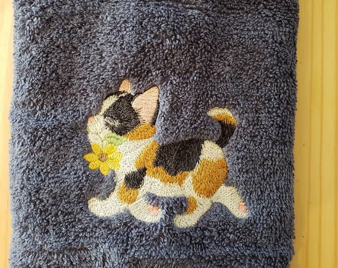 Calico kitten cat with flower  hand towel set custom embroidered personalized