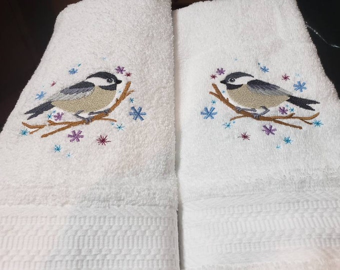 Chickadee bird snowflake hand towel set custom embroidered personalized