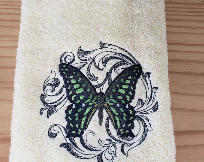 Green black butterfly set of 2 hand towels custom embroidered personalized