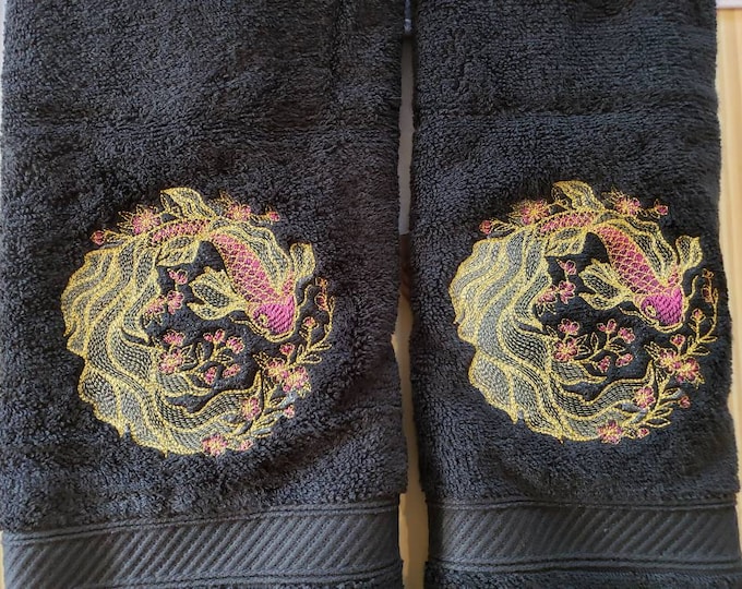 Metallic Koi fish hand towel set custom embroidered