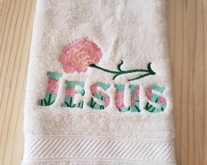 Jesus carnation flower religious hand towel set custom embroidered
