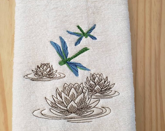 Dragonfly Lotus hand towel set custom embroidered personalized