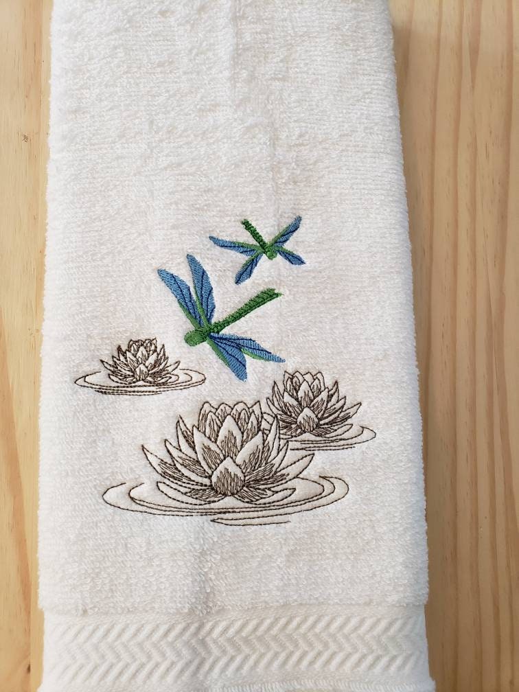 Dragonfly Lotus hand towel set custom embroidered personalized