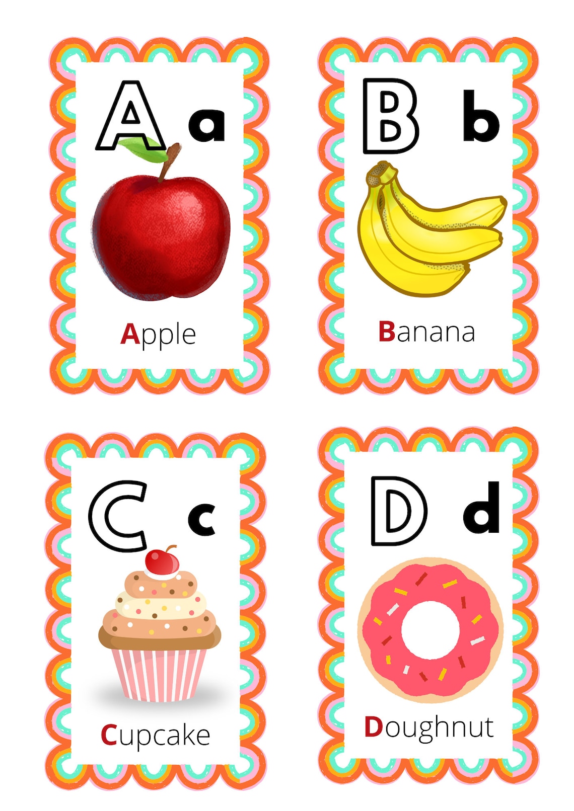 Alphabet Flash Cards for Learning Letter and Phonics, Food Themed ...