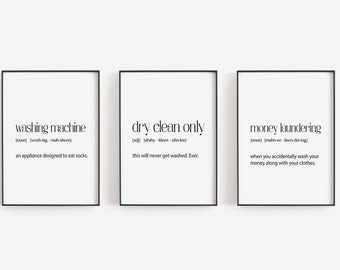 Laundry Room Prints, Laundry Room Art, Set of 3 Laundry Prints, Utility Room Prints, Set of 3 Prints, Definition Prints, Funny Wall Art