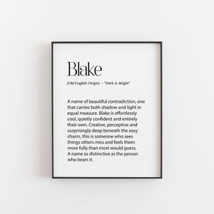 May include: A framed wall art print featuring the name Blake in large black serif font, followed by the text Old English Origin - Dark & Bright. Below this, a paragraph describes the name as a beautiful contradiction of shadow and light.