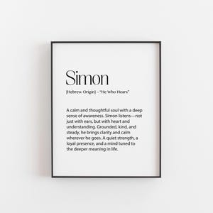 Simon Name Bedeutung Druck - 'Hears' Wandkunst - Geschenk hebräischer Herkunft - ruhiges und nachdenkliches Dekor - Kinderzimmer Büro Minimalistisches Namen Poster