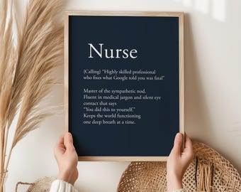 Lámina con la definición de enfermera / Regalo divertido para enfermeras / Decoración de pared para consultorio médico / Póster con tipografía azul marino / Regalo de agradecimiento para trabajadores de la salud
