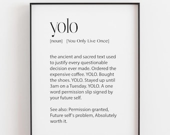Lámina con la definición de YOLO, regalo divertido para ella, arte de pared con cita llamativa, regalo de cumpleaños divertido, lámina con cita con la que te identificarás