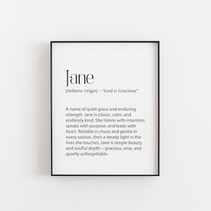 Jane Name Bedeutung Print - 'God is Gracious' Wandkunst, zeitloses Geschenk für sie, minimalistisches Namensdekor, Babyparty oder Geburtstagsandenken,